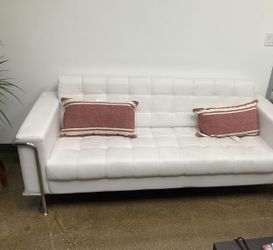 White Leather Tufted Sofa - Office Reception Couch w/ Chrome Frame 81"
