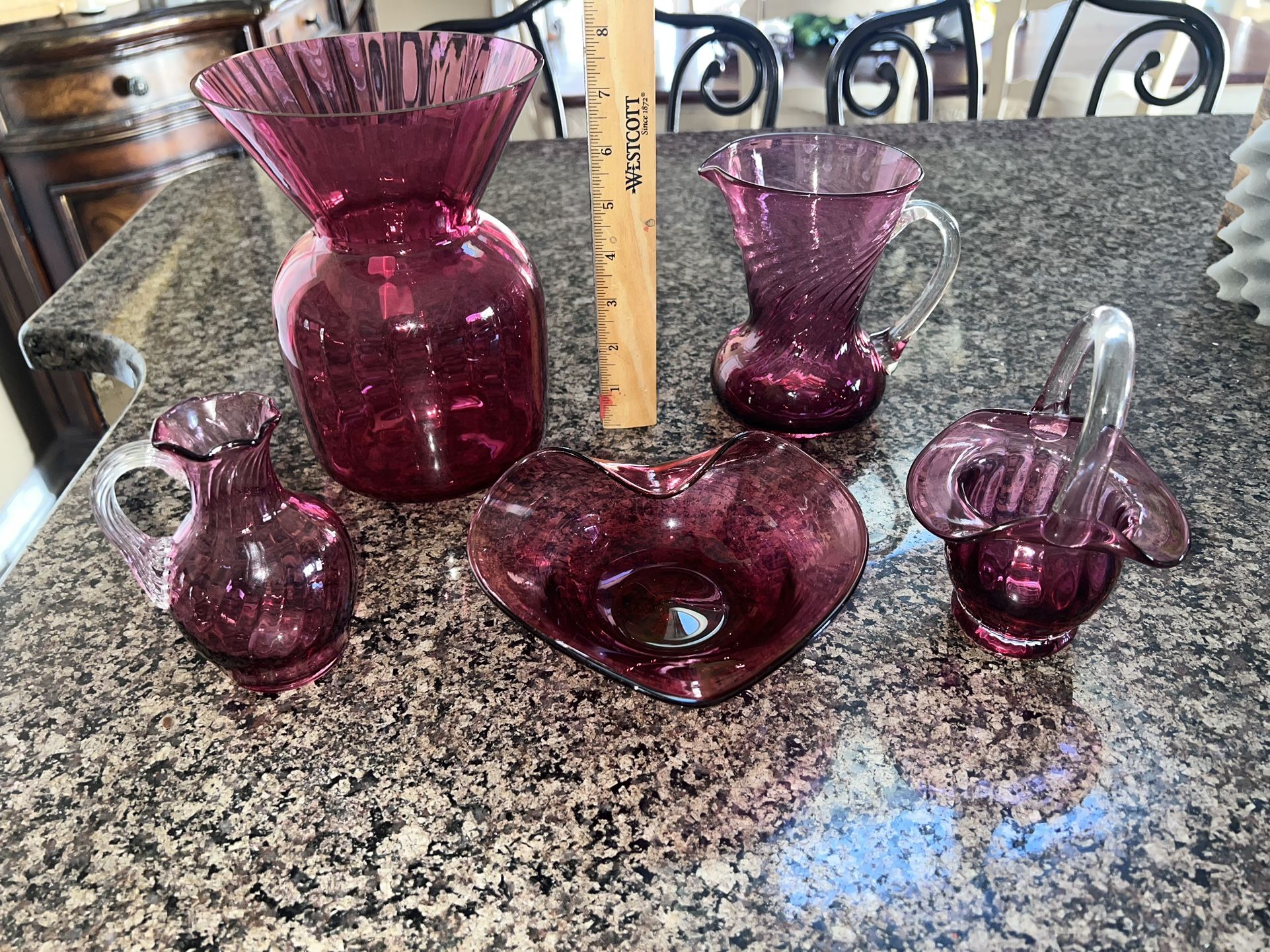 5 piece lot of gorgeous cranberry glass a large vase 2 pitchers a bowl & a basket