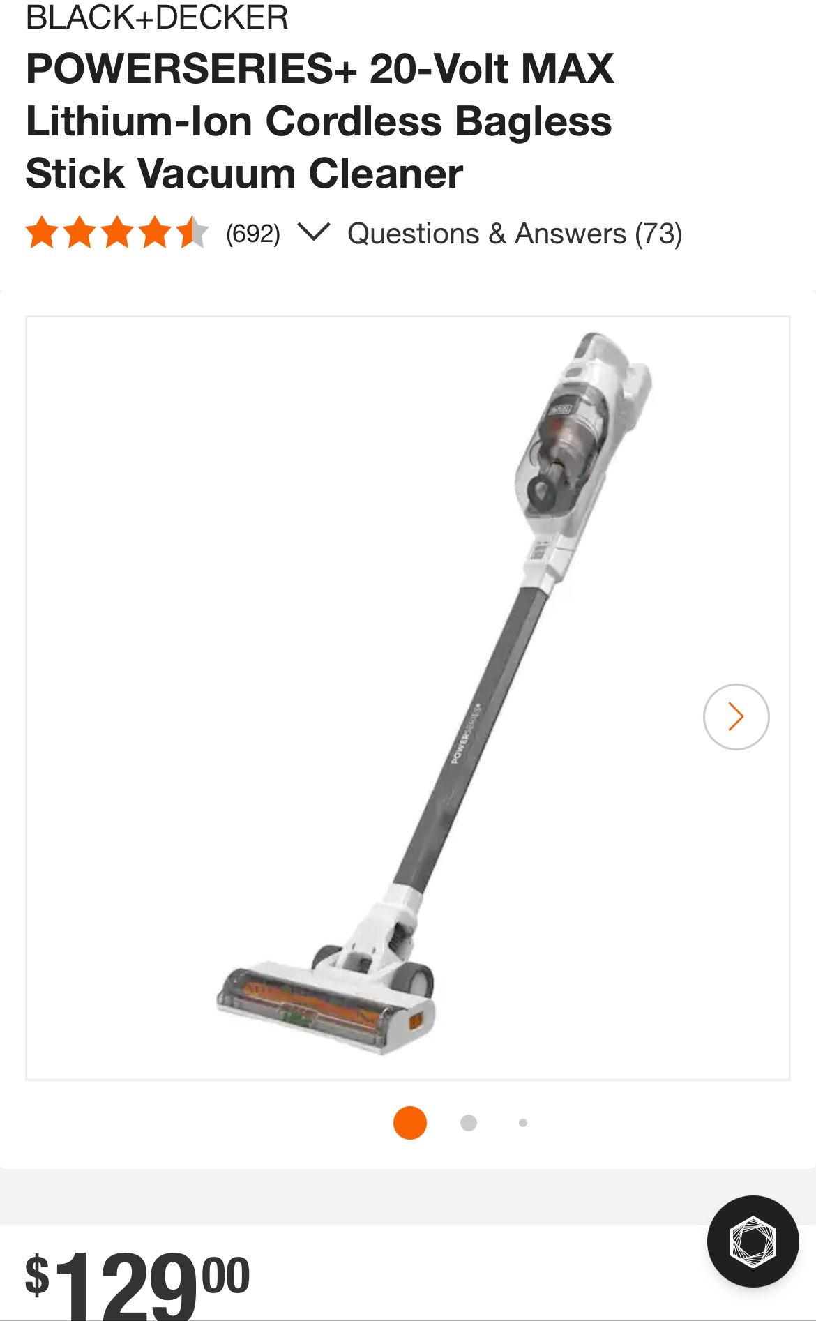 BLACK+DECKER POWERSERIES+ 20-Volt MAX Lithium-lon Cordless Bagless Stick Vacuum Cleaner $40