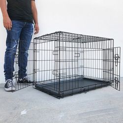 (NEW) $40 Folding 36” Dog Cage 2-Door Pet Crate Kennel w/ Tray 36”x23”x25”