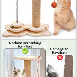 Fhiny Cat Scratching Posts, Interactive Cat Toys for Indoor Cats Sisal Rope Kitten Scratcher with Cat Treat Dispenser 2-Layer Wooden Cat Turntable & I
