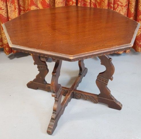 Antique Octagon Wood Center Table Carved Walnut Jacobean Renaissance Card Game Parlor library Victorian 004