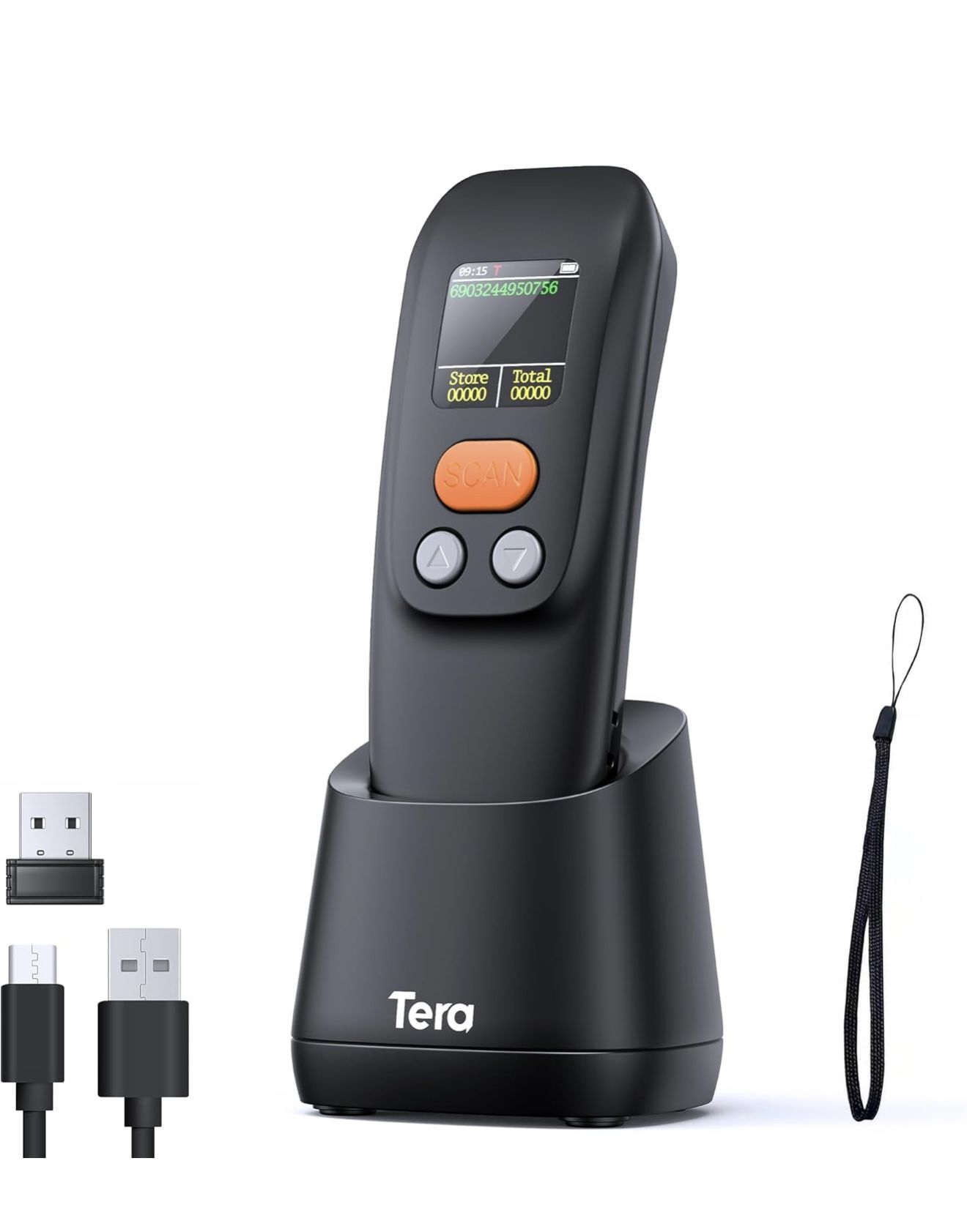 Tera Barcode Scanner Wireless Portable: 1.4" Large LCD Screen 1200mAh Battery with Charging Cradle Ergonomic Design 1D 2D QR Works with Bluetooth 2.4G