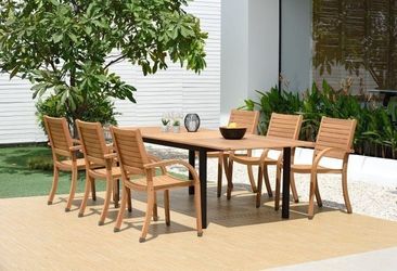 BRAND NEW 7 Piece Teak Finish Outdoor Dining Set - 94" Extendable Table - Stacking Chairs