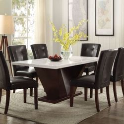 KITCHEN WHITE MARBLE TOP DINING TABLE 7 PIECE SET ESPRESSO - COMEDOR MESA SILLAS MARMOL
