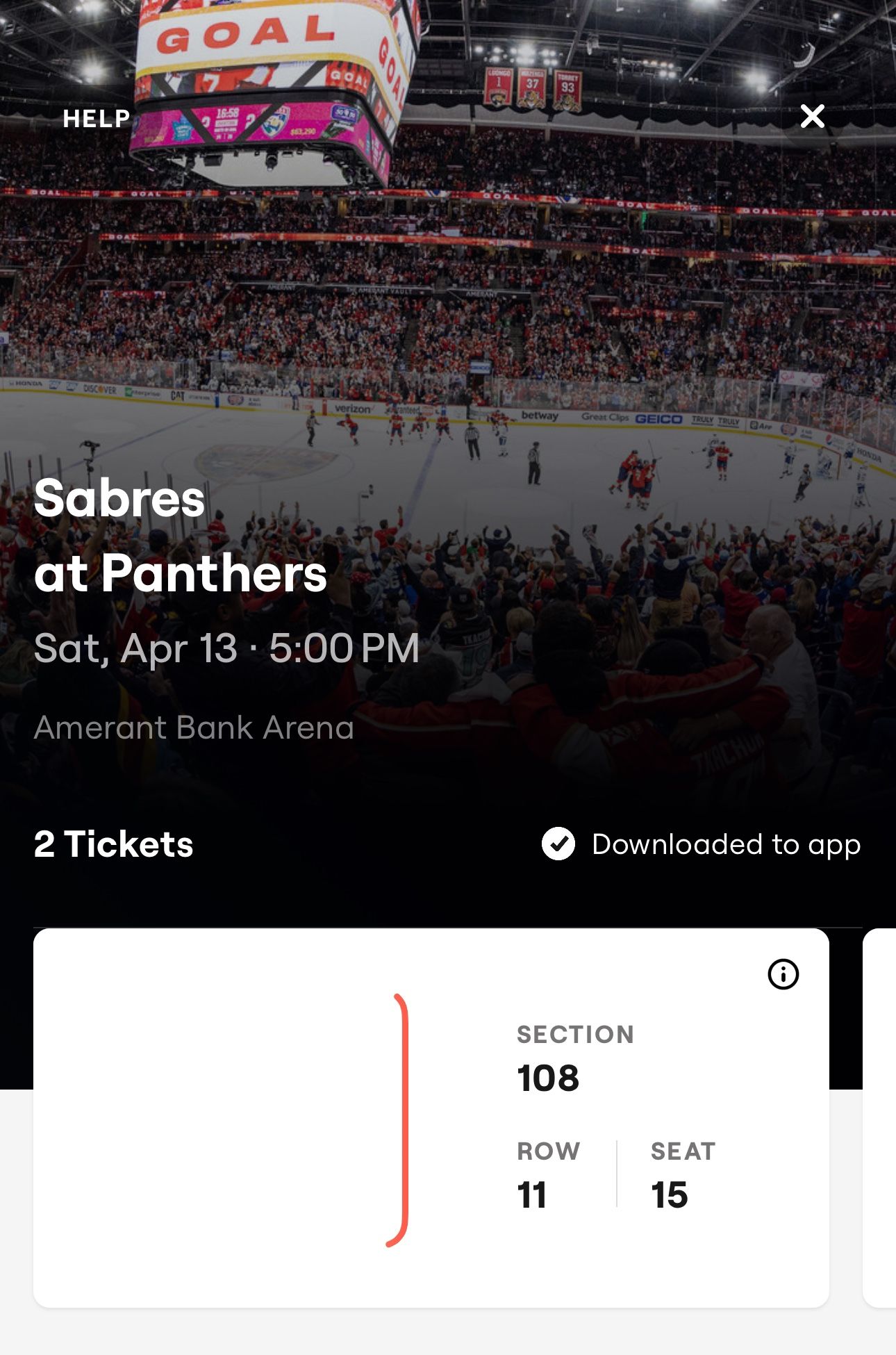 Sabres vs Panthers 5PM SATURDAY ROW 11 