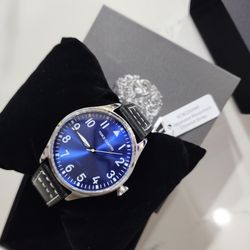 Vince Camuto Watch Men 42mm Blue Silver Tone Dial Day Date Black Leather Band