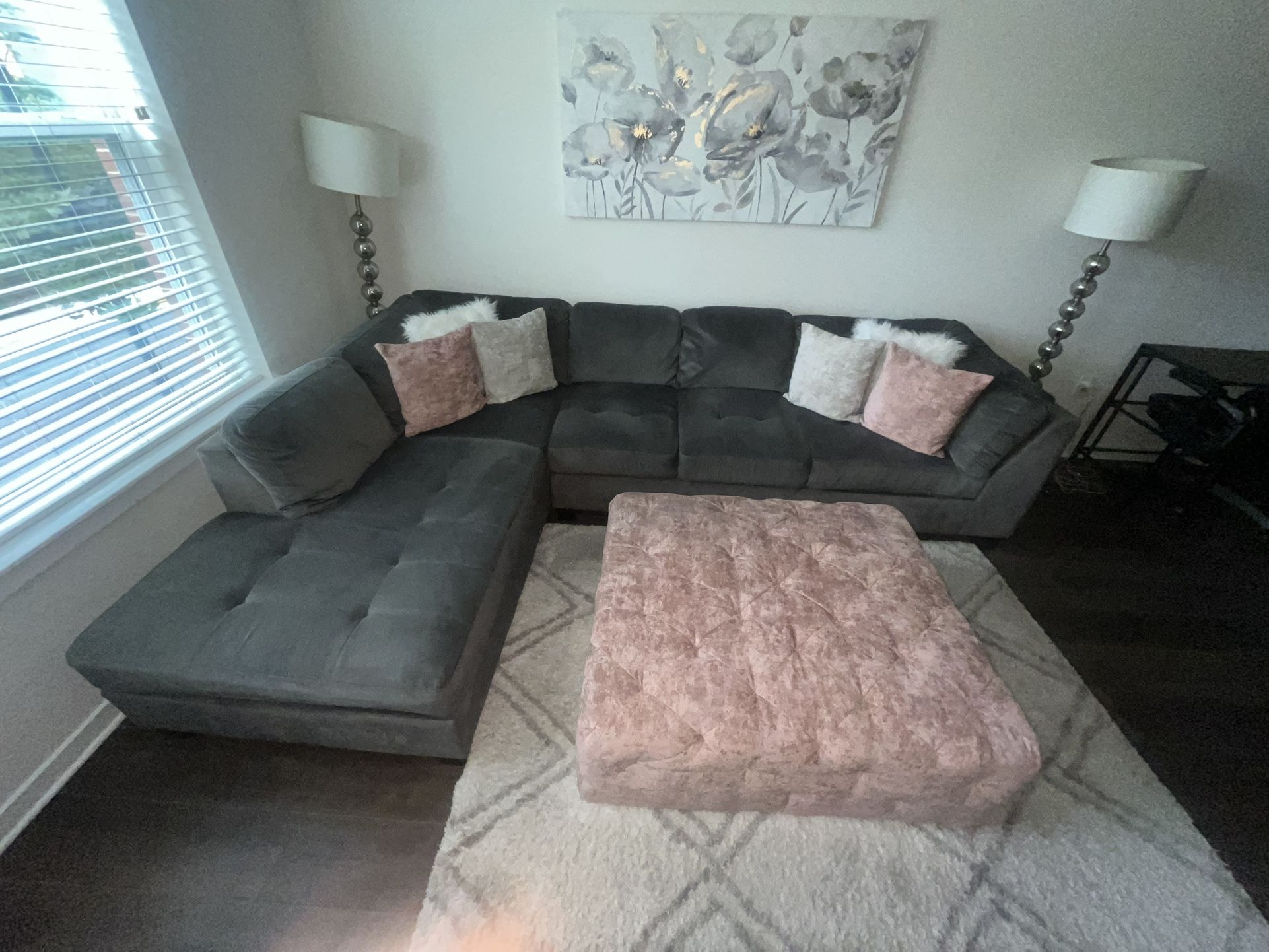 Grey Sectional Couch , Ottoman , And Rug