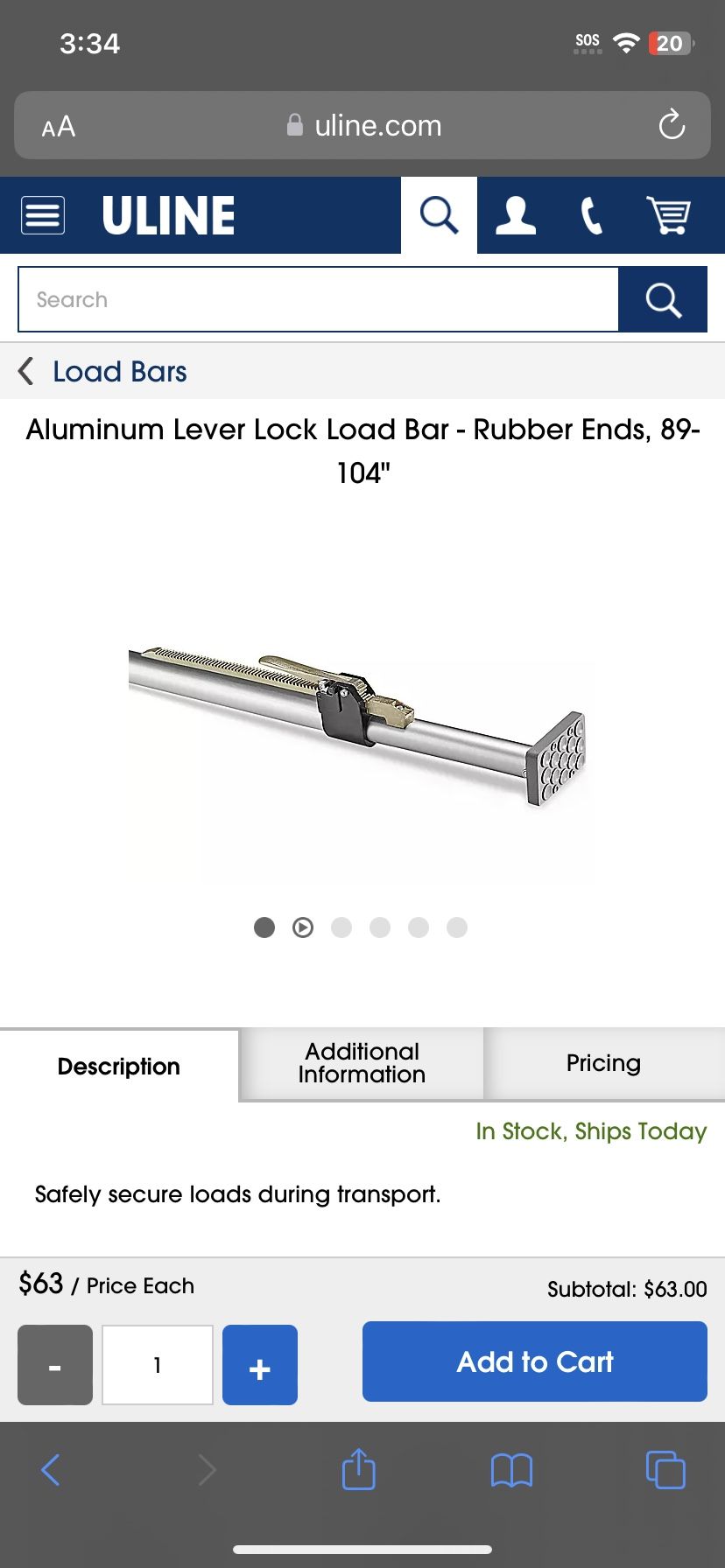 Brand new Load Bars Aluminum Lever Lock Load Bar - Rubber Ends, 89-104"