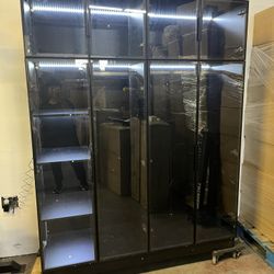 Wardrobe Cabinet with LED Light Strips, Modern Armoire Closet with Glass Doors, 59.1" W Large Bedroom Armoire Clothes Organizer with Shelve & Hanging 