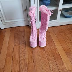 Pastel Pink Demonia Camel 311 Knee High Boots 