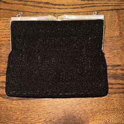 Vintage La Regale Black Beaded Clutch With Pearl Accents