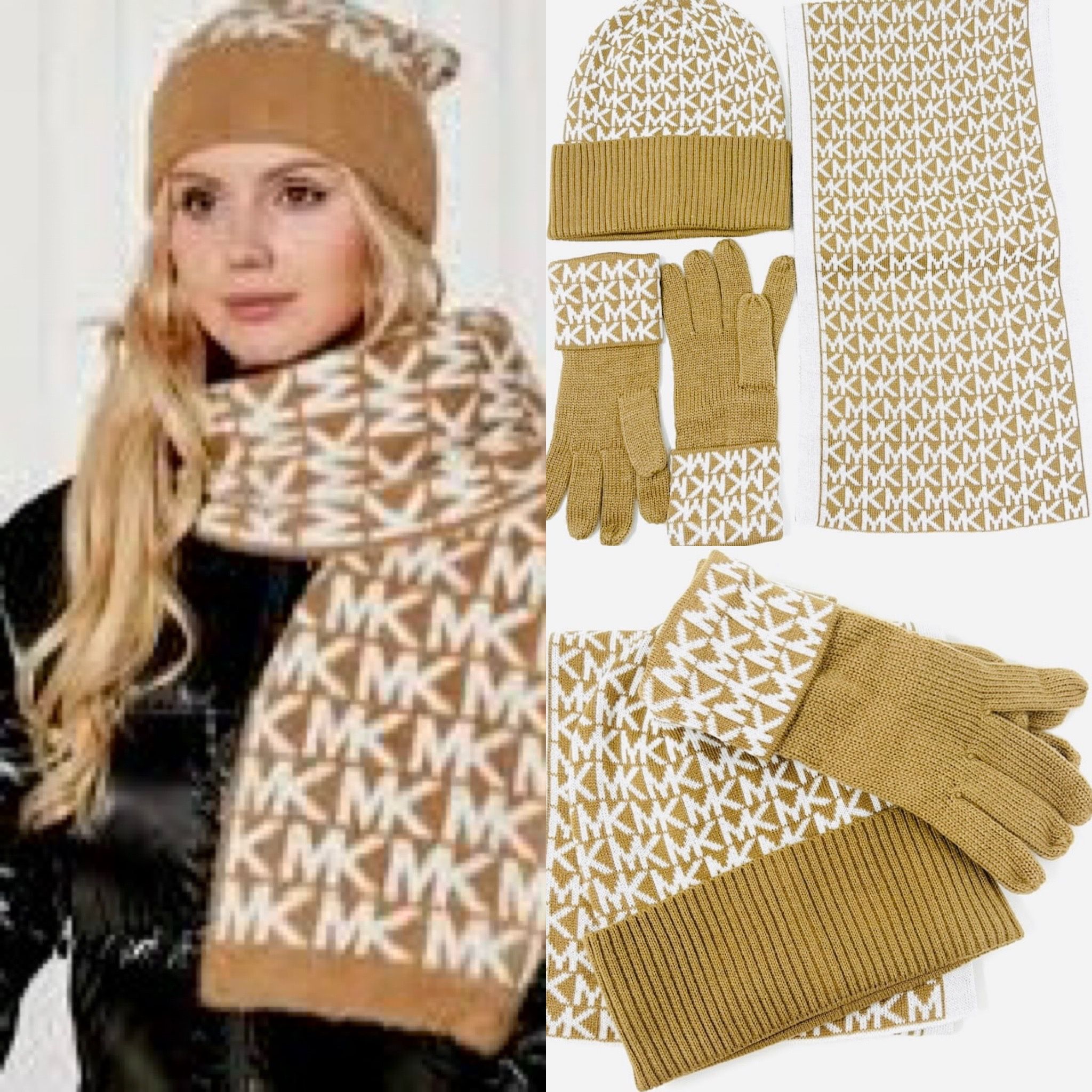 Michael Kors MK NWT Logo Knit 3-Piece Gift Box Set Scarf, Hat & Gloves, Camel