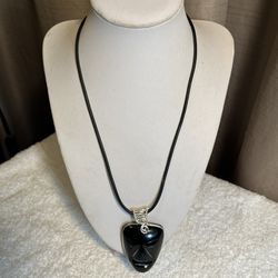 Silver Tone Wire Wrap Large Obsidian Carved Tribal Face Pendant Necklace