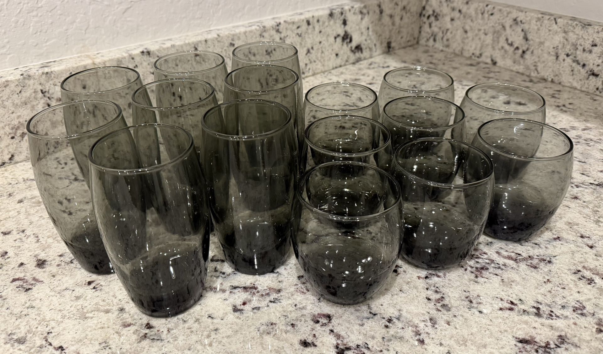 Set Of 16 Smokey Gray Glass Drinkware