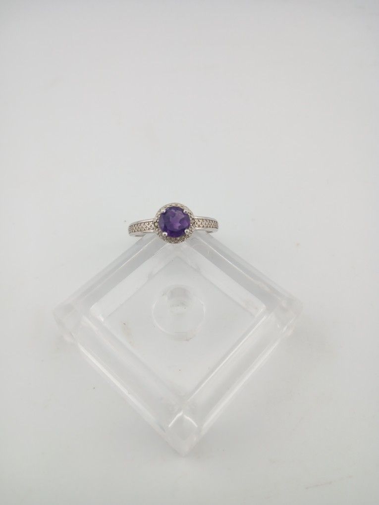 STUNNING Halo Set Purple Amethyst Diamond Ring 925 Sterling Silver