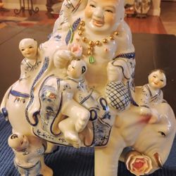 PORCELAIN HAPPY BUDDHA ON ELEPHANT WITH 5 CHILDREN