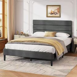 Queen bed frame with headboard, platform bed with wooden slats, easy to assemble
