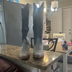 Blue Boots With Gems Outside