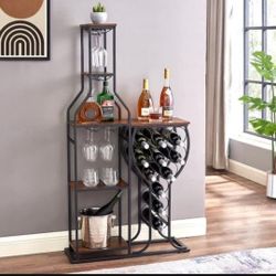 11-Bottle Rustic Brown Wine Rack 5 Tier Freestanding Wine Bakers Rack with Hanging Wine Glass Holder and Storage Shelves