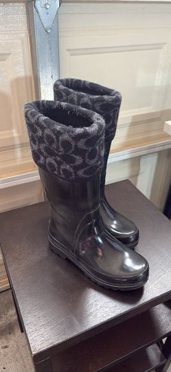COACH RAIN WOMEN BOOTS PULL ON COACH LOGO FLANNEL SIZE 6B BLACK RUBBER