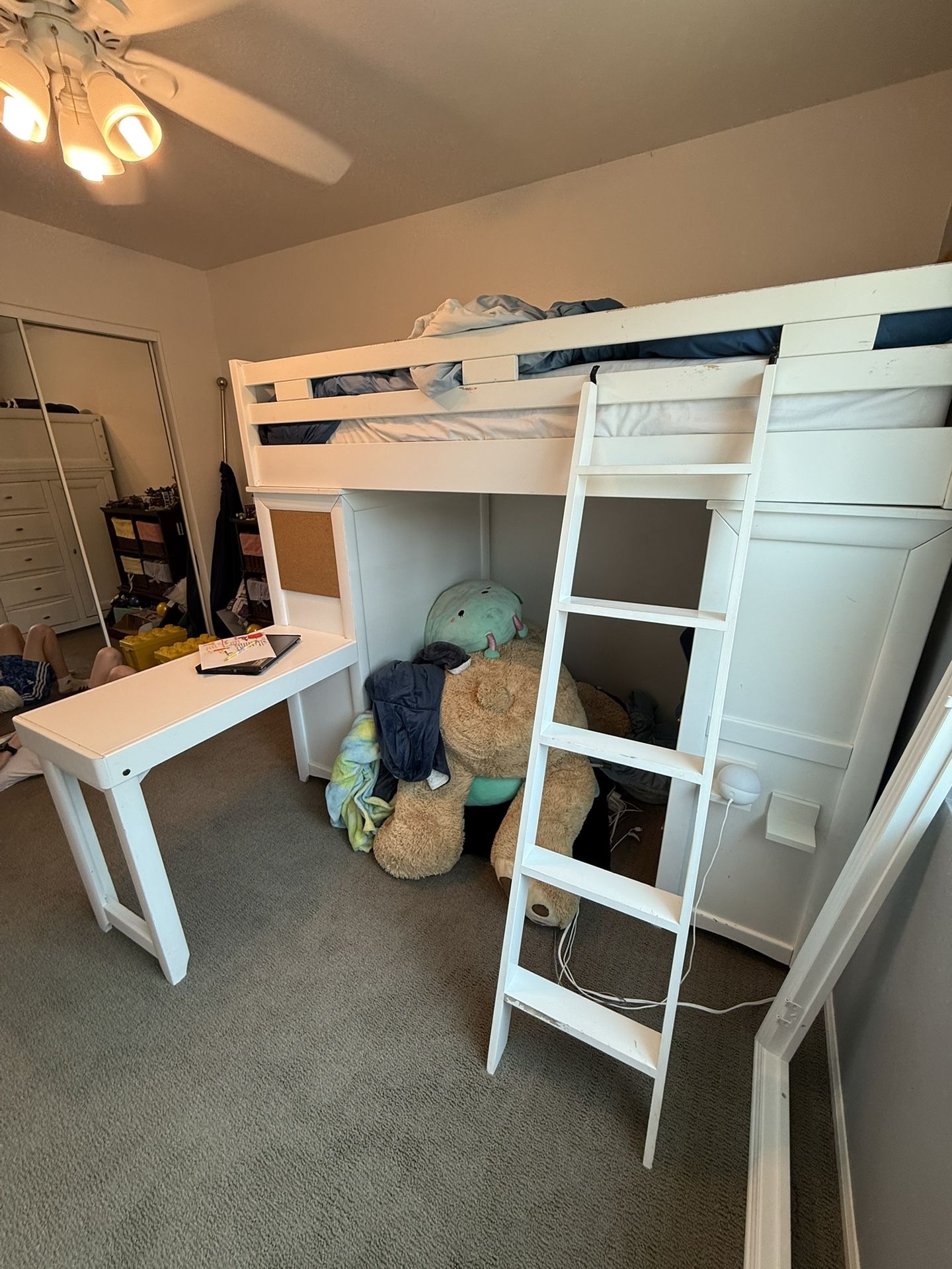 White Loft Bed w/dresser, desk & Extension Desk