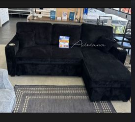 New 2-Pc Black Corduroy Sectional Sofa With Storage, Pullout Bed, And USB Port