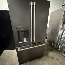 GE Cafe Counter Depth Refrigerator Matte Black w/ Rosegold & Stainless Steel Trim 