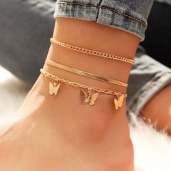 Gold Plaited 3 Piece Butterfly Anklet Set