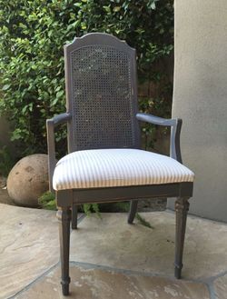 Furniture - Arm Chair - Grey Solid Wood with White & Grey Stripe Fabric