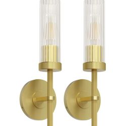 NEW IN BOX Set Of 2 Modern Gold Tone And Glass Wall Sconces With Bulbs