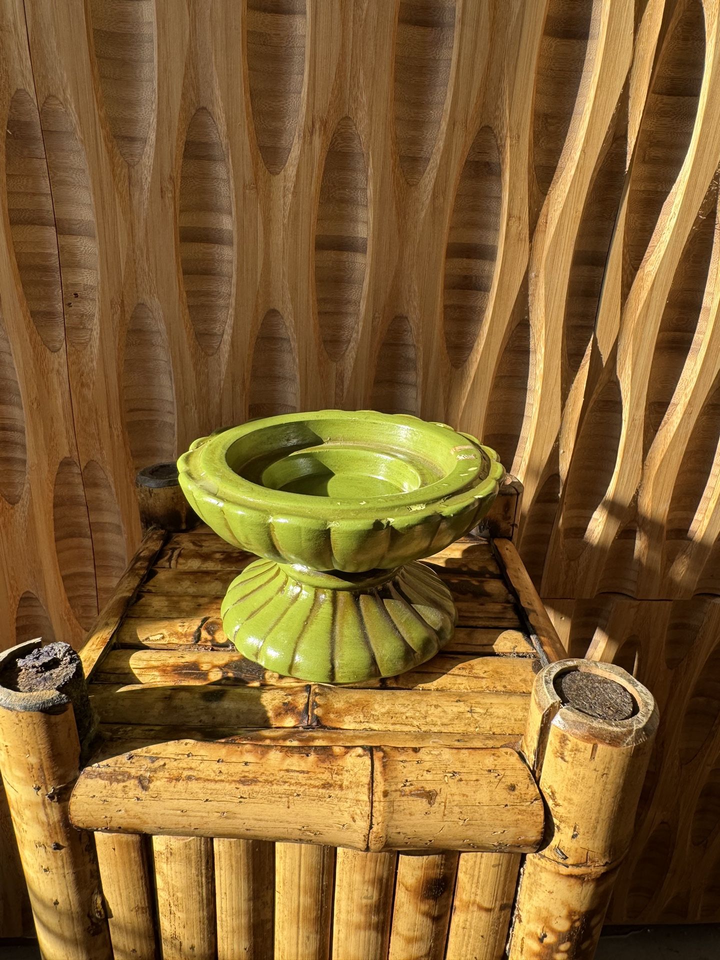 Vintage Green Pillar Candle Holder Fluted Pedestal Footed MCM Retro Boho Plant Pot Stand Riser Decor