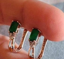 Silver Hoop Earrings with Green Stone