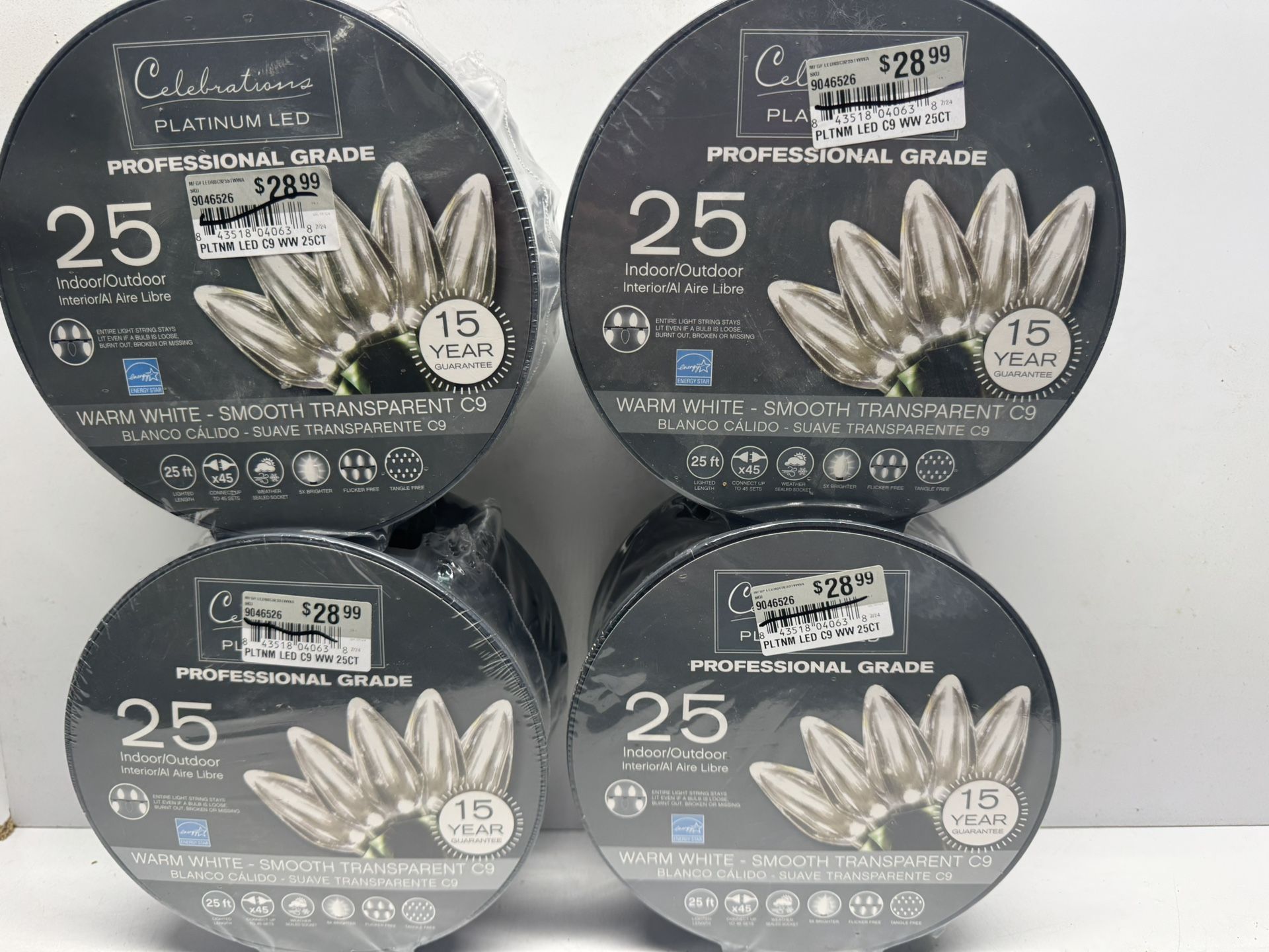 New Celebrations LED Warm White Smooth Transparent C9 Lights. (4) Sets Avail. $7 A Set. Must Pickup