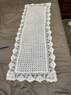 40”x15” elegant rectangular White Crocheted Table Runner