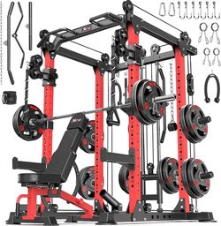 Multi-Purpose Squat Rack,Smith Machine Weight Rack Set with Cable Crossover System