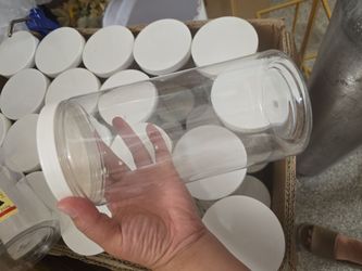 Lot of ~150 Clear Plastic Storage Jars (8"x4") w/ White Lids - Craft / Pantry