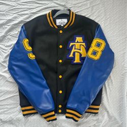 Varsity Letterman Jacket Black Blue Gold Size M