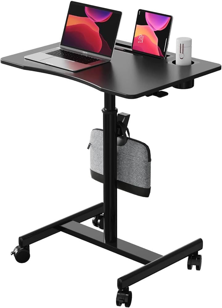 Mobile Standing Desk, 28 inch Rolling Standing Laptop Desk with Cup Holder, Mobile Desk Workstation with Wheels, Portable Computer Desk Cart with Hook