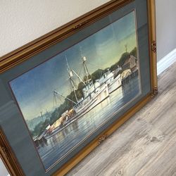 Watercolor Of Fishing Boats In A Harbor