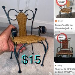 $15 wrought iron 🪴 plant/Doll chair wicker measuring in pics