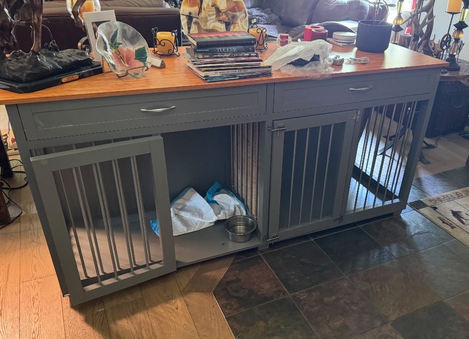 🐾 Wooden Dog Kennel Credenza – Double Crate with Storage