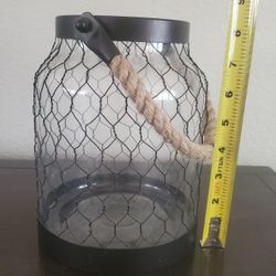 Metal Candle Holder Lantern with Rope, Bronze