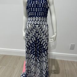 LONDON TIMES Diamond Ikat Printed Blue and White Maxi Dress Size 6.