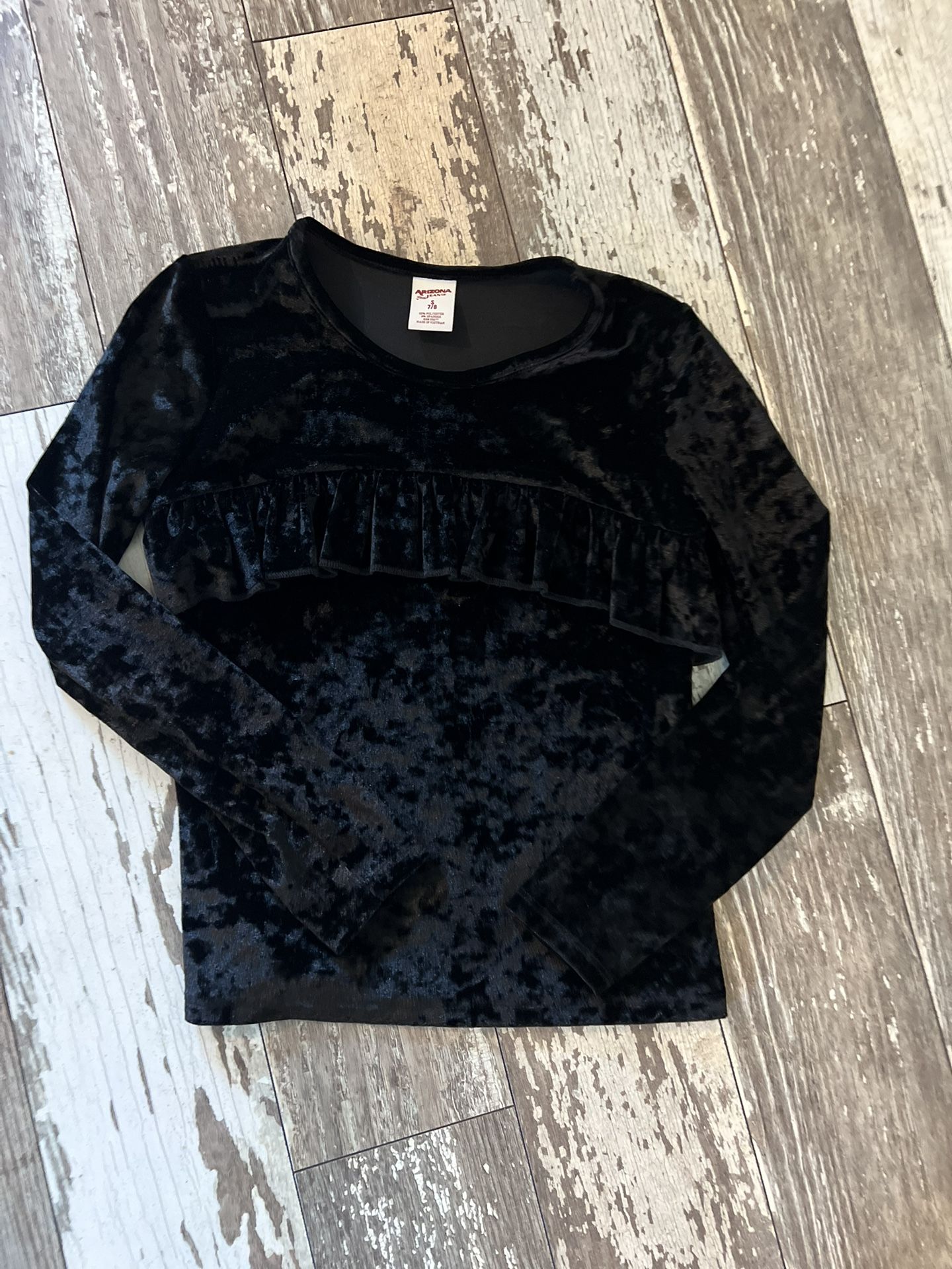 girls Black Crushed Velvet Shirt With Front Ruffle By Arizona jeans Size 7/8