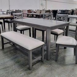 ✅️✅️6 pc grey finish wood dining table set padded seat chairs and bench ✅️