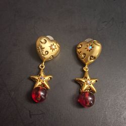 Vintage 90's Celestial Heart & Star Dangle Earrings With Pink Rhinestone Accents- Excellent Condition