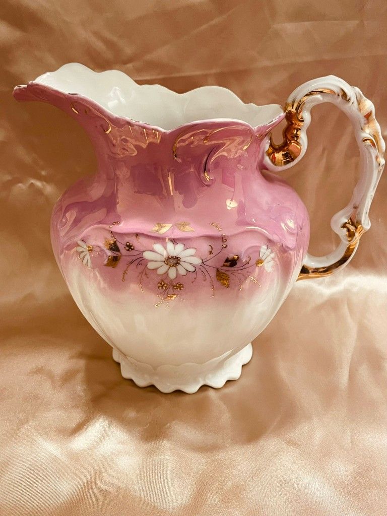 German China Gorgeous Vintage Pink And White Porcelain Pitcher With Gold And Flower Accents