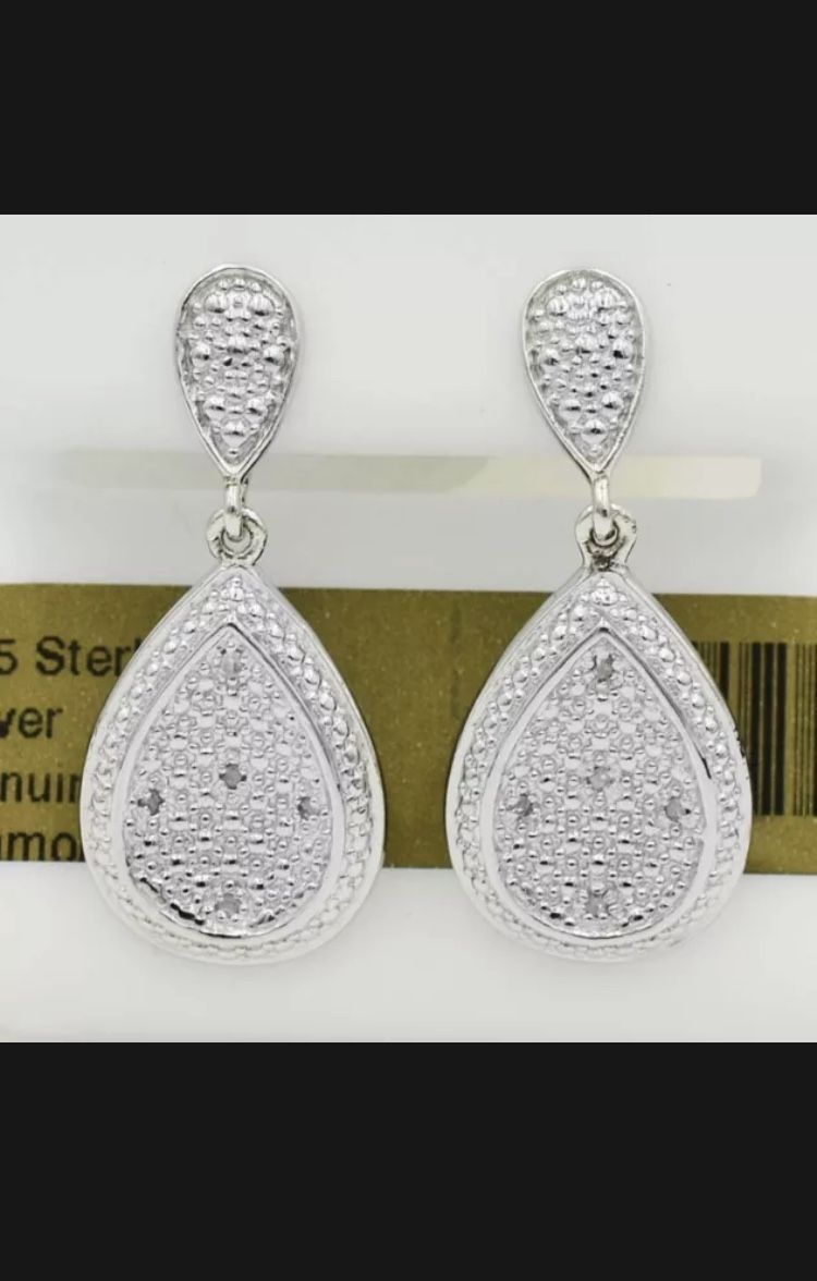 GENUINE DIAMONDS STUD DANGLING EARRINGS .925 Sterling Silver ** NEW WITH TAG **