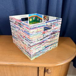 Handmade Recycled Magazine Storage Bin / Basket • Unique Colorful Organizer